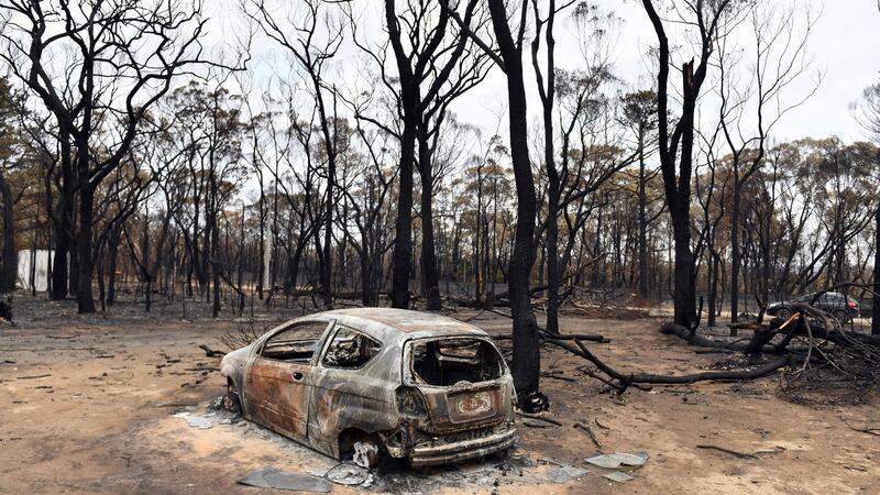 A damaged car is seen sits in a charred area damaged by bushfires in the village of Balmoral, New South Wales, Australia. Photograph: EPA