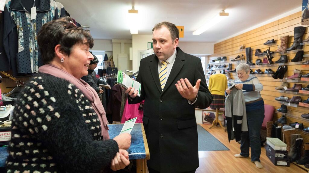 Fianna Fail  TD  Cathal Crowe canvassing in Milltown Malbay , Co Clare  during the general election campaign. Photograph: Eamon Ward