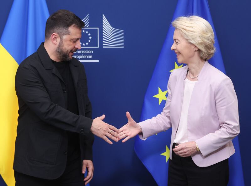 European Commission president Ursula von der Leyen welcomes Volodymyr Zelenskiy prior to a meeting in Brussels, Belgium, in August 2025. Photograph: EPA