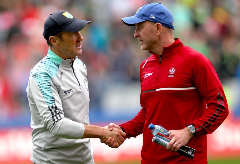 
Kerry’s manager Jack O'Conor and former Derry manager Ciaran Meenagh after the All-Ireland semi-final in Croke Park. Photograph: James Crombie/Inpho 