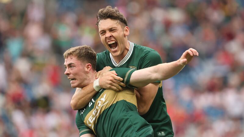 Kerry's David Clifford and Armin Heinrich celebrate a late goal against Tyrone. Photograph: Bryan Keane/Inpho