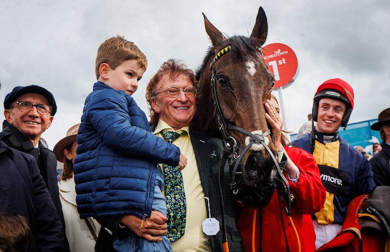 Sean Mulryan with his grandson Sean, JJ Slevin and Fastorslow after success in the Punchestown Gold Cup. Photograph: Ryan Byrne/Inpho 