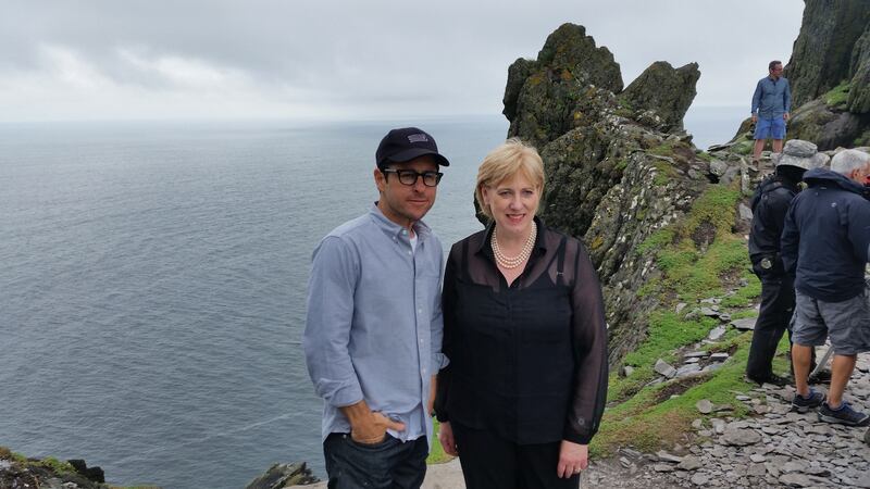 Star Wars: The Force Awakens director  JJ Abrams with Minister for Arts, Heritage and the Gaeltacht Heather Humphreys on Skellig Michael during the September  2015 shoot.