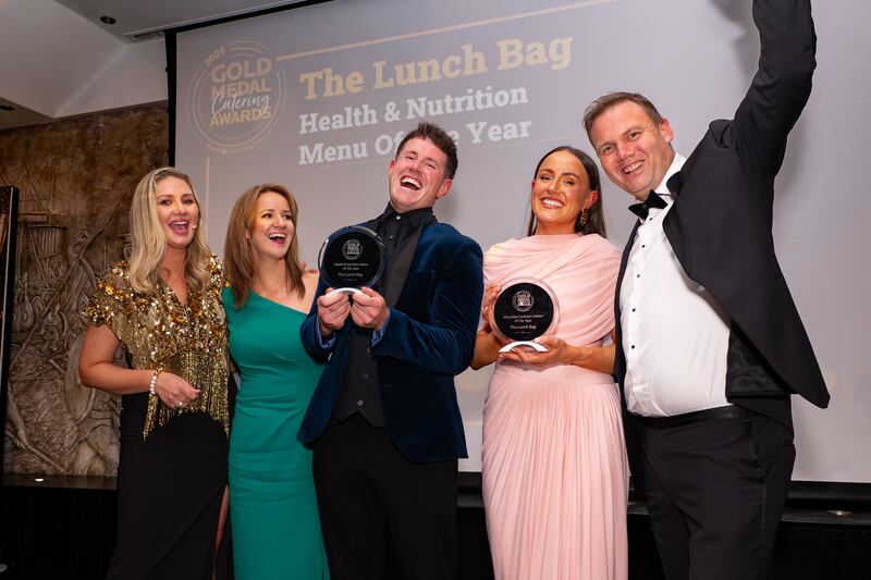Anna Daly, MC of the night; Ger Killian, managing director at The Lunch Bag; Colin Kenny, dietitian at The Lunch Bag; Sarah Kenny, human resources at The Lunch Bag; and Ray Nangle, chief executive at The Lunch Bag.  Photographer: Ruben Morrissey-Fernandez/Ruby Productions
