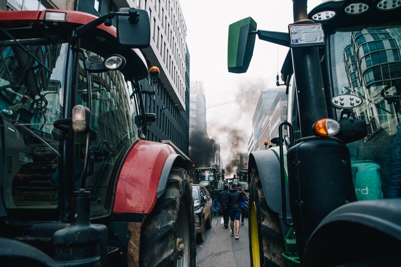 Farmers take their tractors to the streets of Brussels, for a farmers' protest to denounce the reforms of the Common Agricultural Policy and unacceptable trade agreements, in Brussels, on Thursday, organised by Copa-Cogeca, the main association representing farmers and agricultural co-operatives in the EU. Photograph: Emile Windal/Belga/AFP via Getty Images