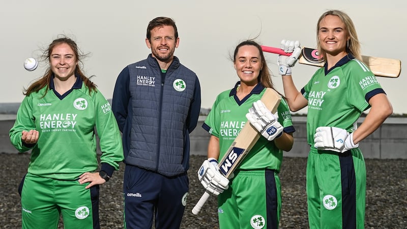 Ed Joyce with, from left, Cara Murray, Ireland captain Laura Delany and Gaby Lewis during the Ireland’s international cricket season launch. Photograph: Sam Barnes/Sportsfile