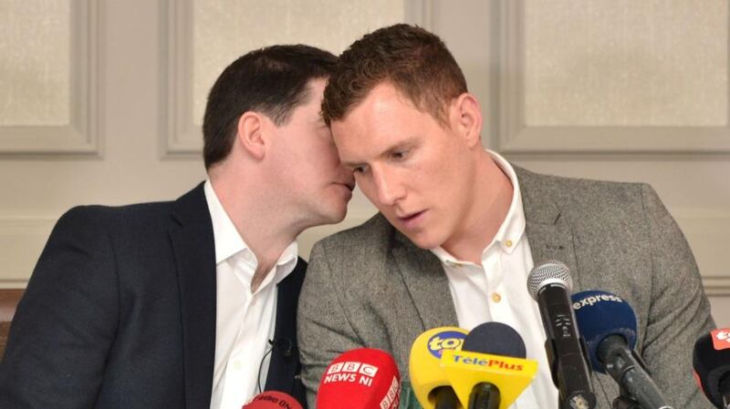 John McAreavey (right) and Mark Harte, brother of Michaela McAreavey, during a press conference at the Labourdonnais Hotel in Port Louis, Mauritius. Photograph: Charlie Chan/PA Wire