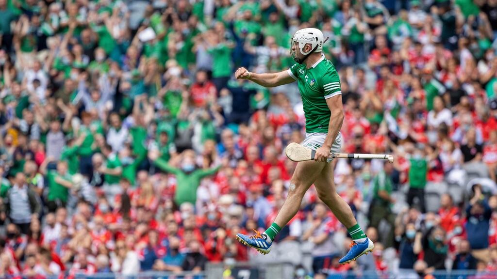 Limerick’s Aaron Gillane celebrates his goal at Croke Park on Sunday.  Photograph: Tom Honan