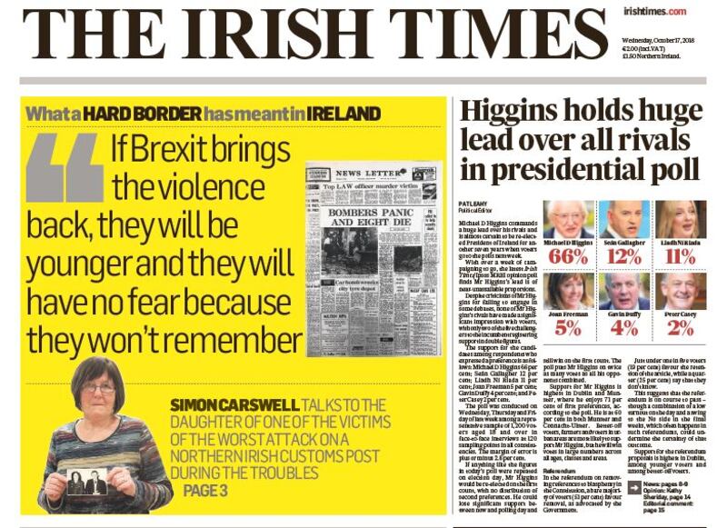 The front page of 'The Irish Times' from Wednesday, October 17th, 2018