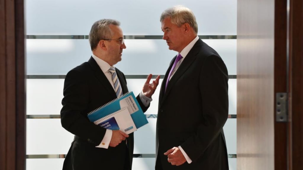 Bank of Ireland’s Andrew Keating and Richie Boucher at the launch of BoI’s interim results yesterday. Photograph: Alan Betson