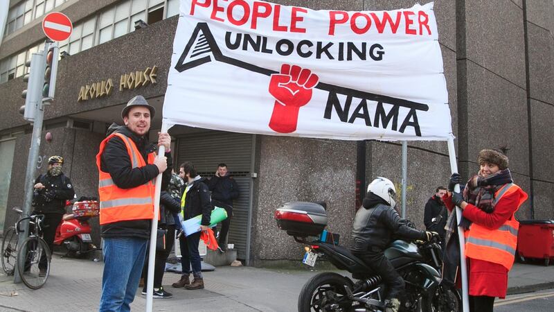 Protesters at Apollo House, Dublin, after a High Court ruling on the occupation. Photograph: Gareth Chaney/Collins