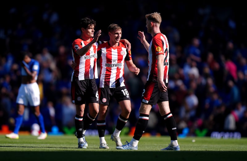 Nathan Collins celebrates with Brentford team-mates after his team's Premier League win over Ipswich on Saturday. Photograph: Bradley Collyer/PA Wire