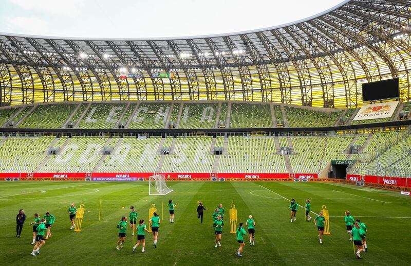 The Republic of Ireland squad training at Gdansk Stadium on Monday. Photograph: Ryan Byrne/Inpho