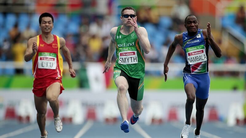 Ireland’s Jason Smyth on the way to wining gold in the T13 100m final at the Rio Paralympics in 2016. Photograph:  Alexandre Loureiro/Getty Images