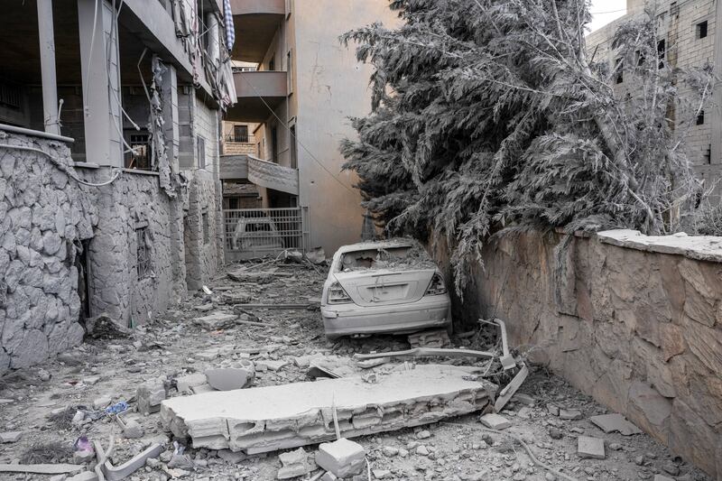 A destroyed Lebanese neighbourhood after overnight Israeli air and ground raids in the village of Nabi Chit on Saturday. Photograph: David Guttenfelder/The New York Times
                      