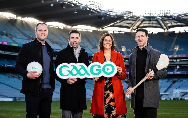 Football analysts, former Donegal star Michael Murphy and Kerry's Marc Ó Sé with GAAGO presenter Gráinne McElwain and hurling analyst Limerick's Seamus Hickey at the announcement of the 2023 GAAGO fixtures and presenters. Photograph: Ryan Byrne/Inpho