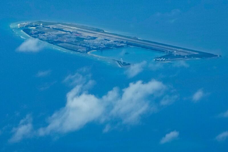Chinese structures and buildings on the man-made Fiery Cross Reef in the Spratlys group of islands in the South China Sea. Photograph: Aaron Favila/AP