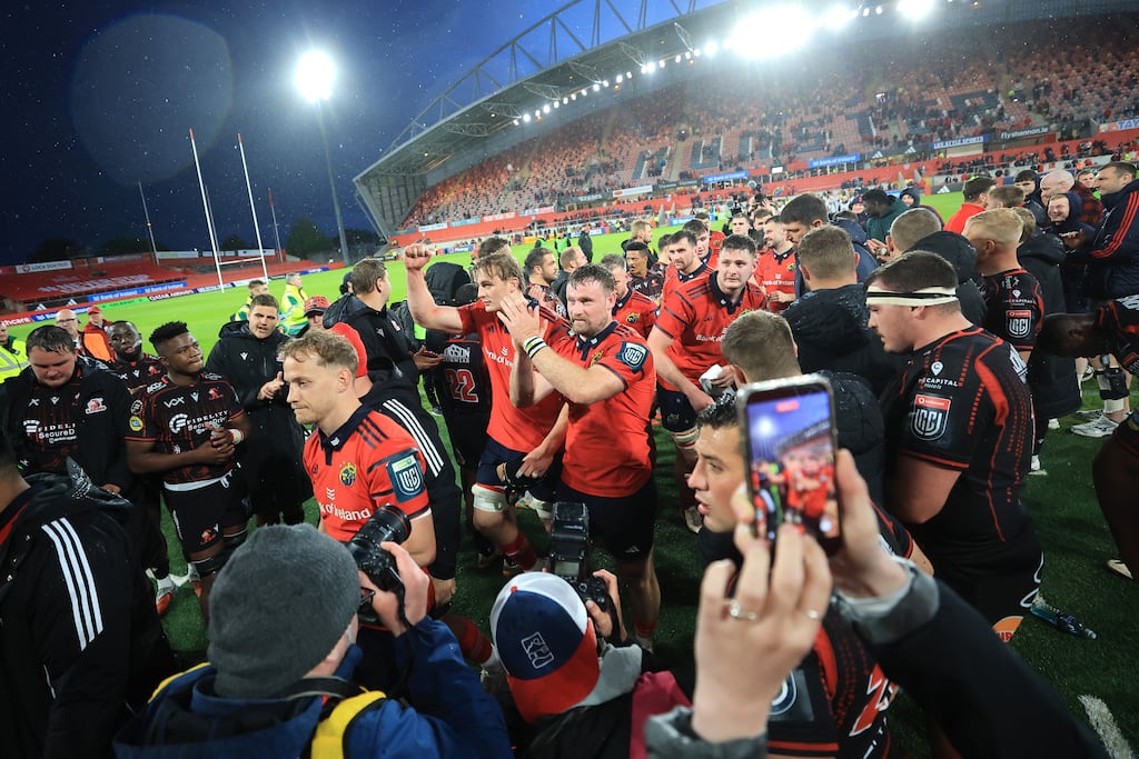Munster players celebrate their win over Lions at Thomond Park on Saturday. Photograph: Bryan Keane/Inpho