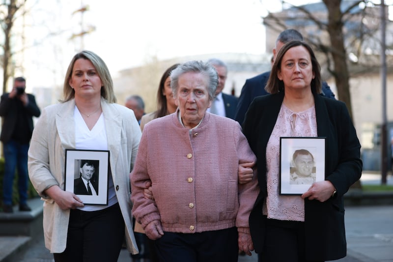 Bridie Brown, the wife of Sean Brown with his daughters Siobhan Brown (right) and Claire Loughran (left) outside the Royal Courts of Justice, Belfast, after the Court of Appeal ruled the UK government's failure to order a public inquiry into the murder of GAA official Sean Brown in 1997 was unlawful. Photograph: Liam McBurney/ PA Wire