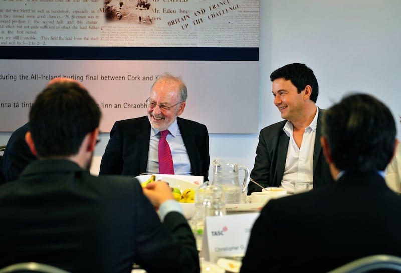 Thomas Piketty with then Central Bank of Ireland governor Patrick Honohan during a conference hosted by the Think-tank for Action on Social Change at Croke Park, Dublin, in 2014. Photograph: Aidan Crawley