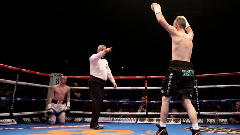 John Joe Nevin  celebrates his  first-round victory  against Jack Heath in their featherweight contest at the 3Arena in Dublin. Photograph: Ryan Byrne/Inpho