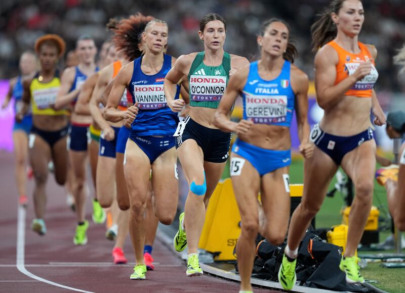 Ireland's Kate O'Connor tracks the leaders in the 800 metres. Photograph:  Martin Rickett/PA Wire. 