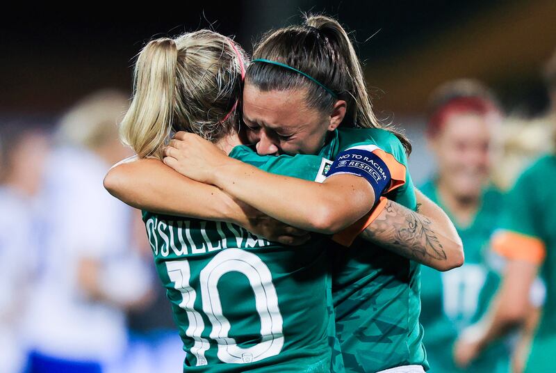 Ireland's Denise O'Sullivan and Katie McCabe celebrate winning their World Cup qualifier. Photograph: Tom Maher/Inpho