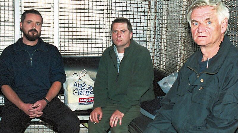 Niall Connolly, Martin McCauley and James Monaghan, known as the Colombia Three, upon their arrival to the maximum security wing of the La Modelo prison in Bogotá in 2001. Photograph: AP Photo