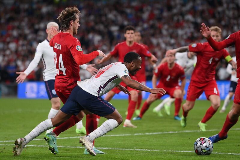 England forward Raheem Sterling falls to the ground leading to England's penalty in the semi-final against Denmark at Wembley. Photograph: Laurence Griffiths/AFP via Getty Images