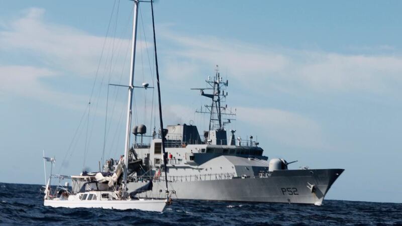 The LÉ Niamh escorting  the  Makayabella into port last September.