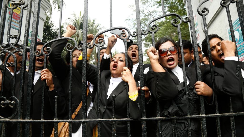 A group of lawyers protest at the high court in Dhaka on Thursday after former prime minister Khaleda Zia was sentenced to five years in prison. Photograph: Abir Abdullah/EPA