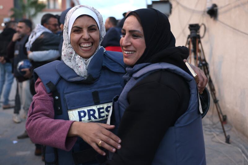 Mariam Dagga (L), a Palestinian visual journalist who freelanced for AP since the start of the war, in Khan Younis on January 18th, 2025. Mariam was one of five journalists killed in the Israeli strike on Nasser Hospital. Photograph: Bashar Taleb/ AFP via Getty Images       