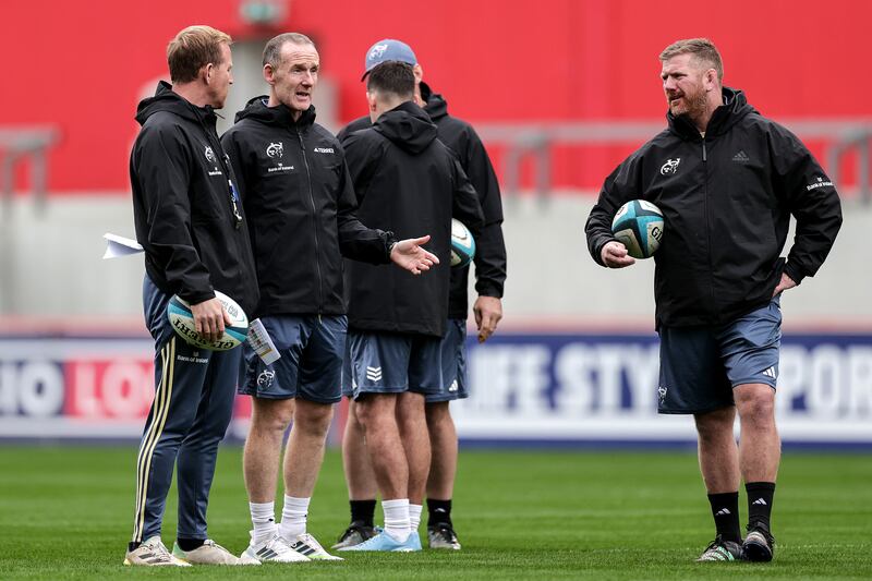 Attack coach Mike Prendergast, interim head coach Ian Costello and forwards coach Andy Kyriacou at a Munster training session on Thursday. Photograph: Laszlo Geczo/Inpho