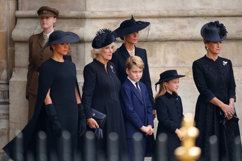 (left to right) The Duchess of Sussex, the Queen Consort, Prince George, the Princess of Wales, Princess Charlotte and the Countess of Wessex leaving the state funeral of Queen Elizabeth. Photograph: Peter Byrne