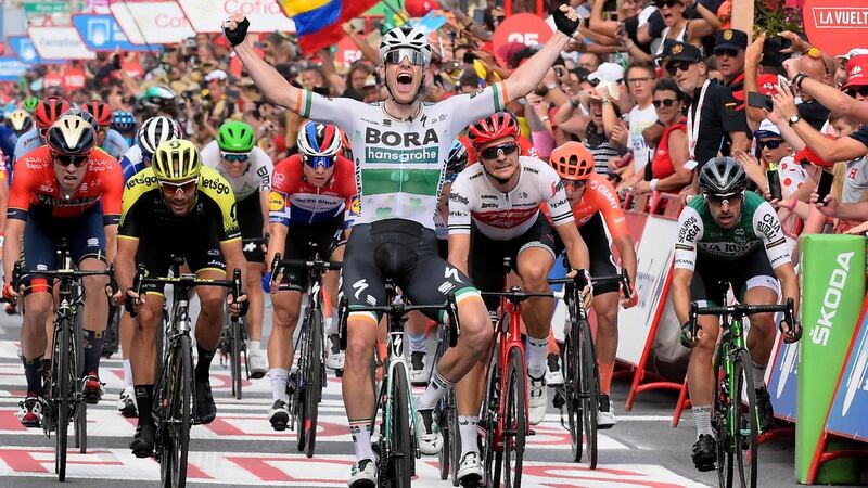 Sam Bennett celebrates winning the third stage of the Vuelta from Ibi to Alicante back in 2019. Photograph: Jose Jordan/AFP/Getty Images
