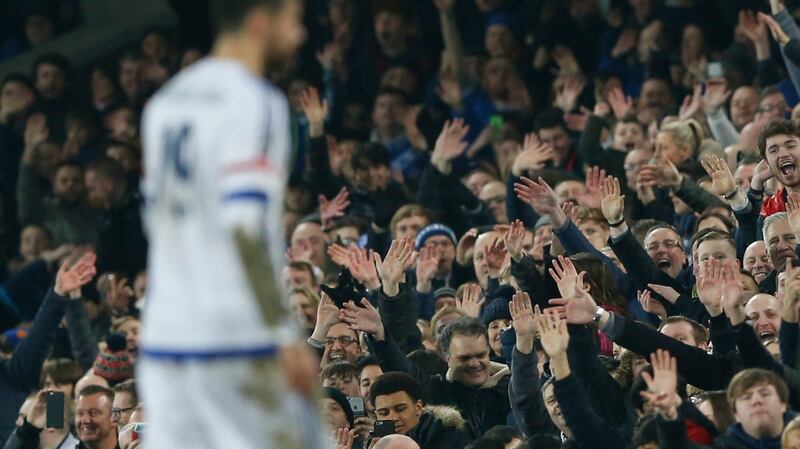 Everton fans gesture towards Chelsea’s Diego Costa after he was sent off during the FA Cup quarter-final at Goodison Park. Photograph: Carl Recine/Action Images via Reuters/Livepic