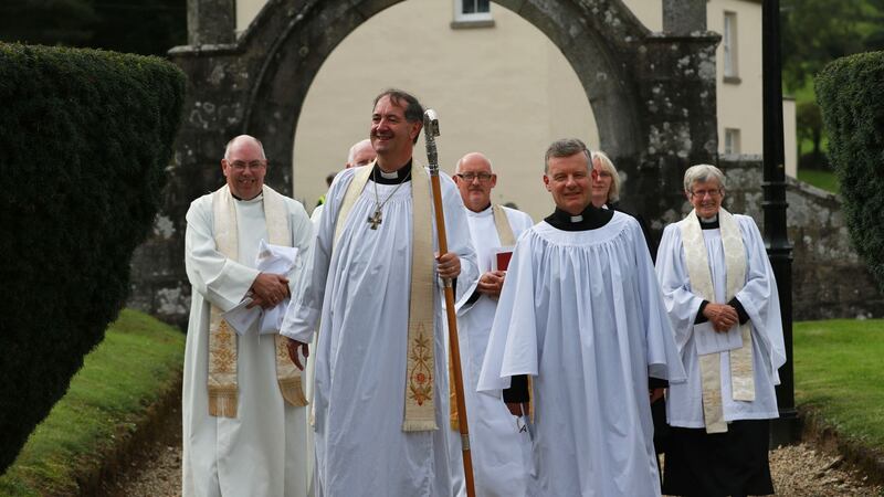 Former Green Party leader Trevor Sargent (right) with Bishop of Cashel, Ferns and Ossory Michael Burrows, before the ordination ceremony at    Shillelagh Parish Church, Shillelagh, Co Wicklow. Photograph: Nick Bradshaw
