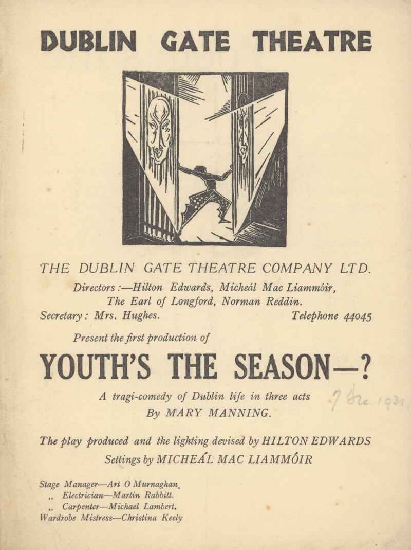 The original 1931 playscript for Youth's the Season-? by Mary Manning, directed by Hilton Edwards and featuring Micheál MacLiammóir. Photograph courtesy of Gate Theatre Digital Archive, University of Galway
