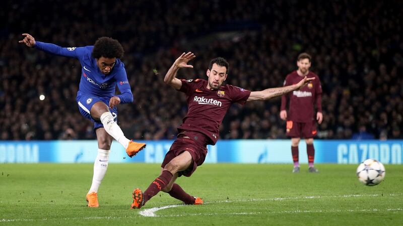 Willian  scores the opening goal in the Champions League round of 16 first leg against Barcelona at Stamford Bridge. Photograph:  Adam Davy/PA Wire