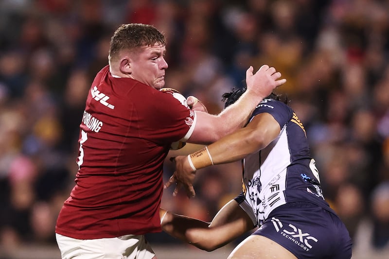 Tadhg Furlong of the Lions powers through a tackle against Brumbies in Canberra, Australia. Photograph: Matt King/Getty Images