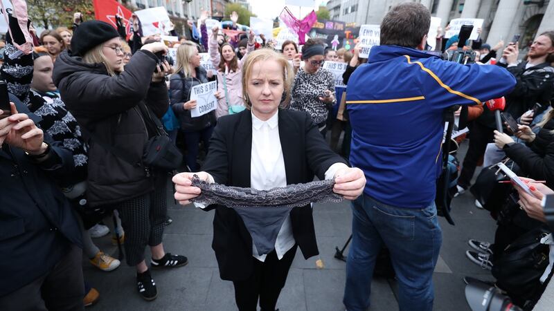 Solidarity People Before Profit TD Ruth Coppinger holds a thong during a protest in support of victims of sexual violence on O’Connell Street in November. Photograph: Niall Carson/PA Wire