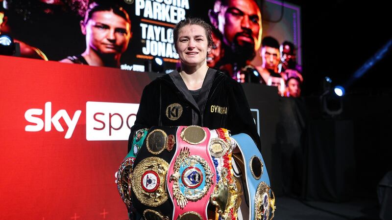 Katie Taylor celebrates her victory over Natasha Jonas on May 1st to retain her  WBC, WBA, IBF and WBO titles. Photograph: Dave Thompson/Matchroom Boxing/Inpho
