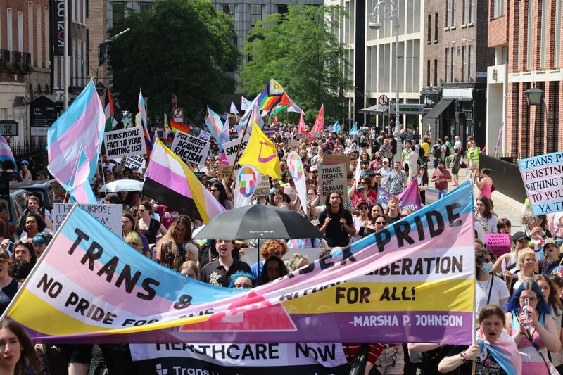 People on the trans and intersex pride parade marched from City Hall to Leinster House in Dublin. Photograph: Dara Mac Dónaill