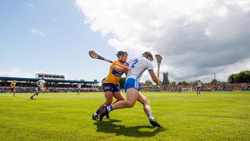 Clare’s David Reidy in action against Ian Kenny of Waterford during the Munster SHC round-robin game at Cusack Park in Ennis. Photograph: James Crombie/Inpho