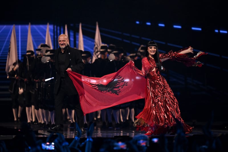 Albanian duo Shkodra Elektronike representing Albania with the song Zjerm during the flag ceremony. Photograph: Getty Images