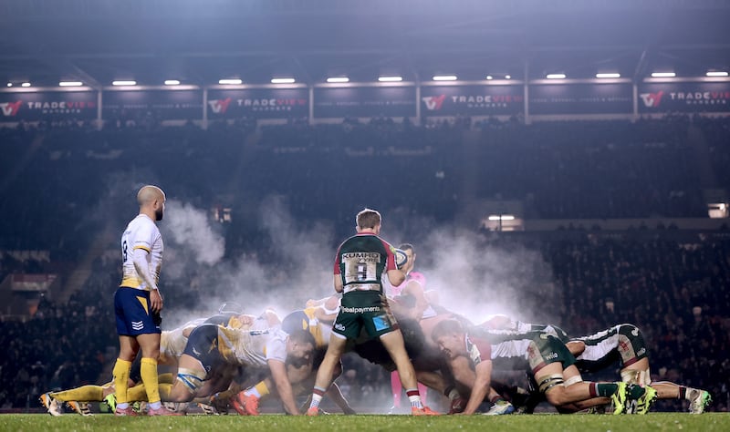 A view of a scrum in the Leicester v Leinster game. Photograph: James Crombie/Inpho