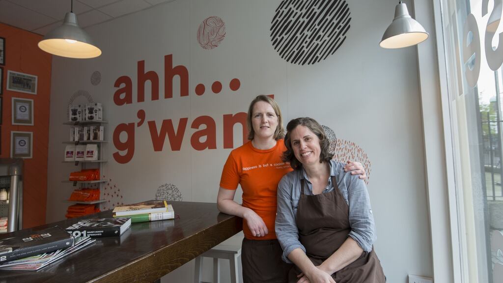 Elaine Coholan, left and Jenny Synott founders of Dublin Cookie Company on Thomas Street, Dublin: ‘We were motivated by the idea of creating something out of nothing.’ Photograph: Brenda Fitzsimons