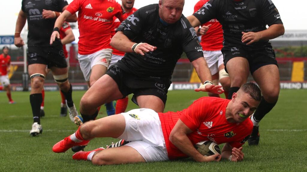Munster’s Shane Daly touches down for a try in the Guinness Pro 14 game against the Dragons at Thomond Park. Photograph: Tommy Dickson/Inpho