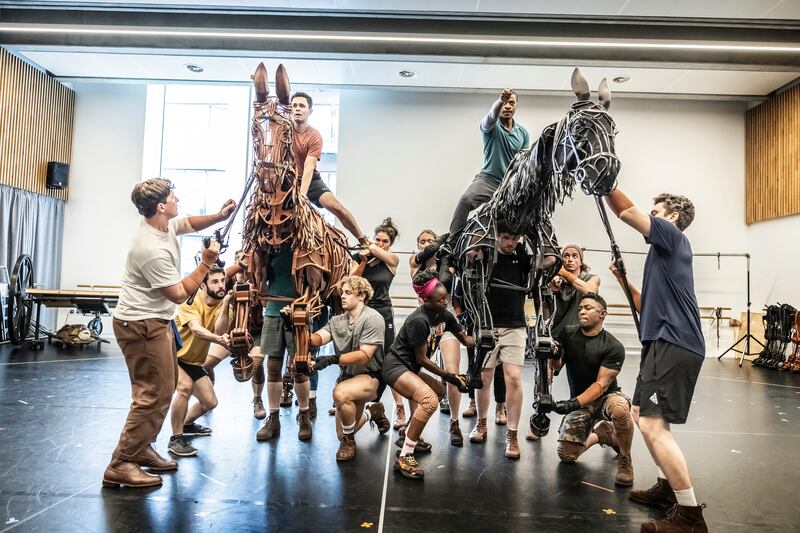 War Horse: the cast in rehearsals. Photograph: Pamela Raith