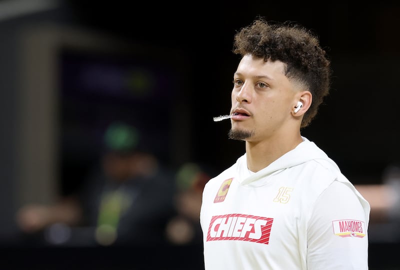 Patrick Mahomes of the Kansas City Chiefs looks on during warmups prior to Super Bowl LIX. Photograph: Jamie Squire/Getty Images